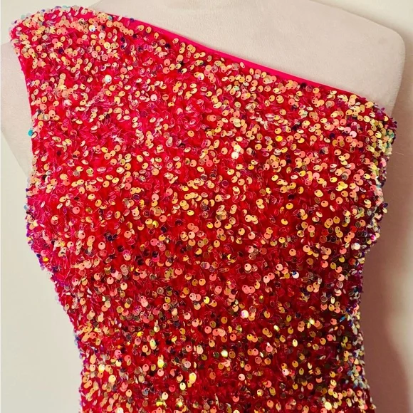 Custom U.S. Small Hot Pink Sequin One Shoulder Prom Gown W Slit - Picture 6 of 12